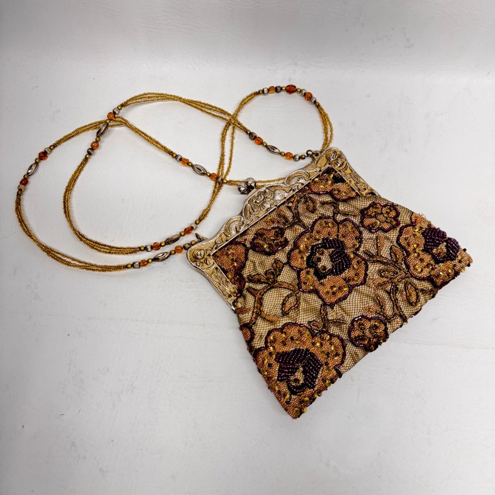 Christiana Beaded Lace Purse Womens OS Gold Floral Kiss Lock Vintage Style Bag